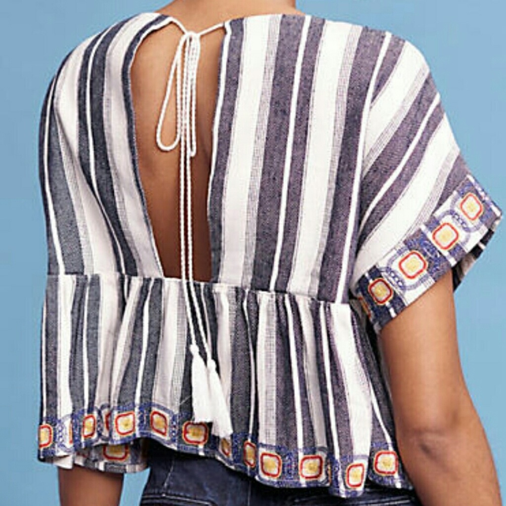 - Anthropologie blue motif embroidered top N…